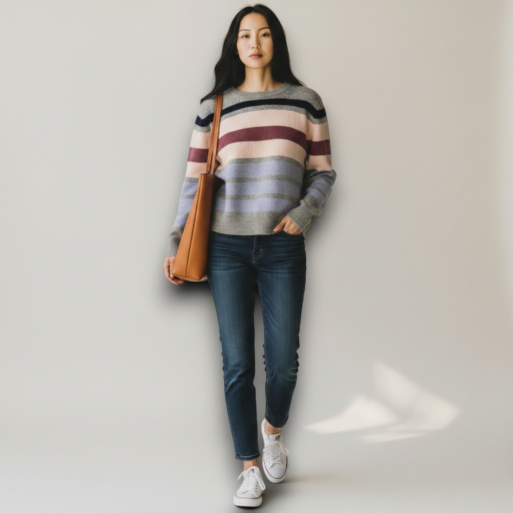 Nordstrom Signature Sweater Womens Cashmere M Gray Stripe Sustainable Preppy